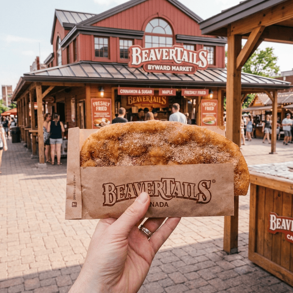 Hands holding a BeaverTails pastry topped with cinnamon sugar and chocolate
